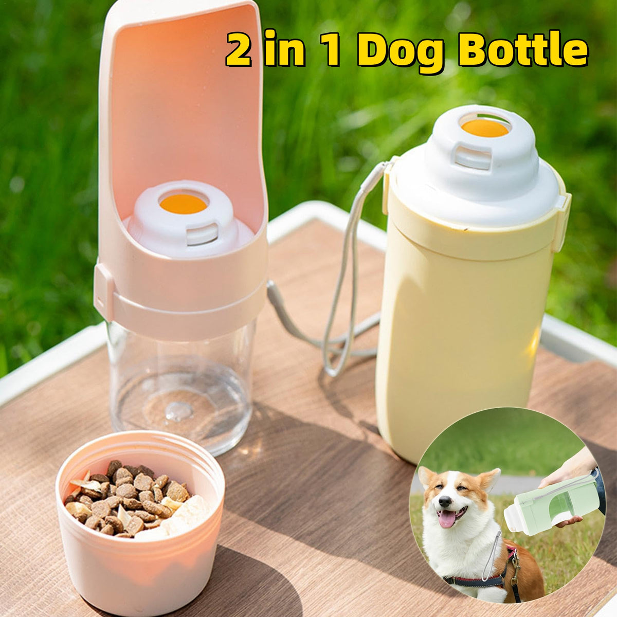 2-in-1 dog water bottle and food cup on a wood table, with treats in the cup