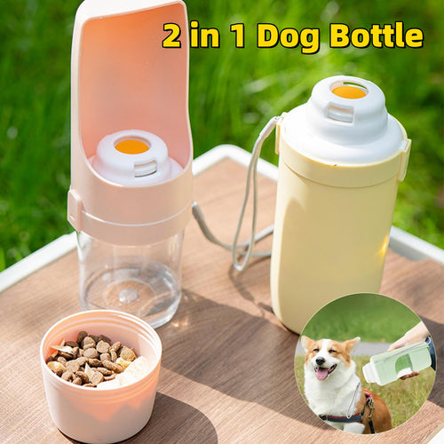 2-in-1 dog water bottle and food cup on a wood table, with treats in the cup