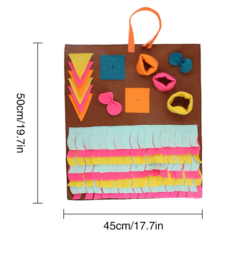 Square snuffle training mat with hanging loop, about 45 x 50 cm, size diagram