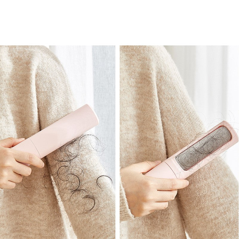 Before and after: reusable lint brush removing pet hair from gray pants