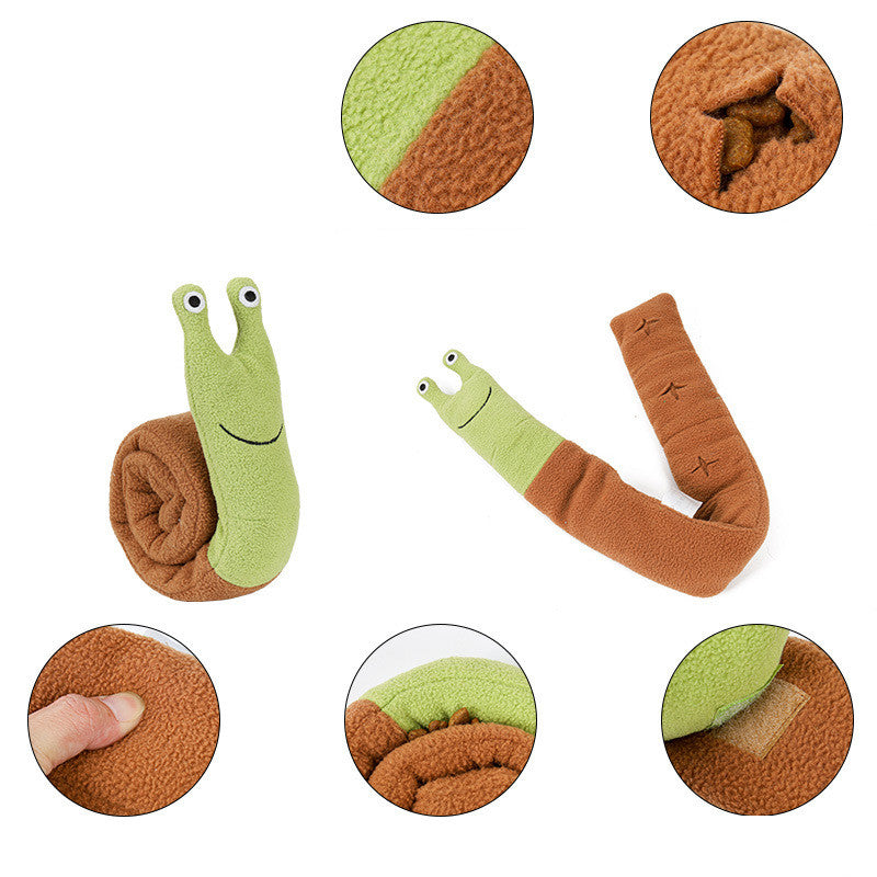 Fleece snail dog puzzle toy shown rolled and unrolled with close-ups of treat pockets