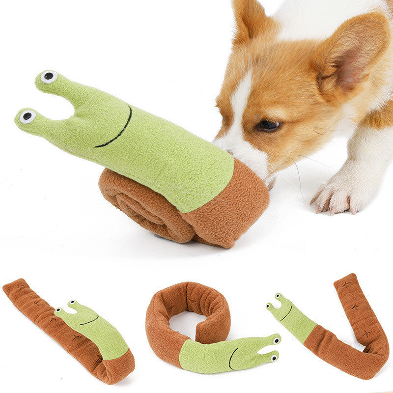 Puppy sniffing an unrolled snuffle toy for dogs with hidden treat pockets