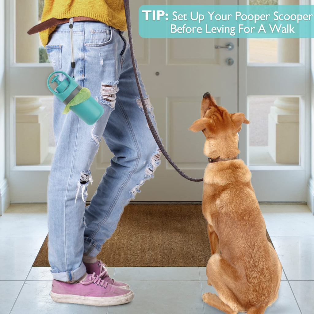 Pooper scooper clipped to a leash by the door, ready for a dog walk