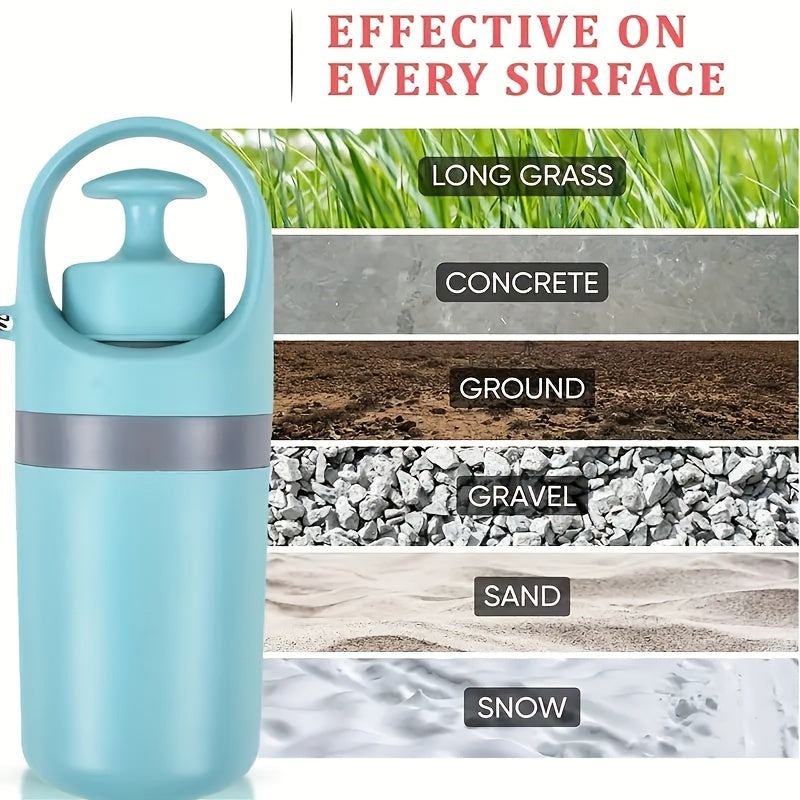 Portable dog poop scooper with bags, shown working on grass, gravel, sand and snow