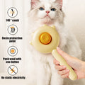 Self-cleaning slicker brush for dogs and cats being used on a fluffy white cat, with feature icons