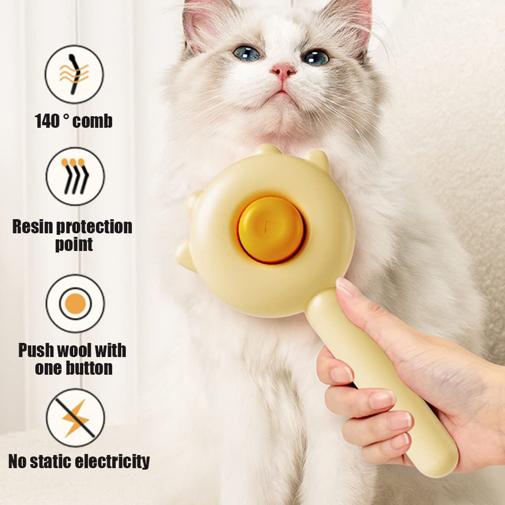 Self-cleaning slicker brush for dogs and cats being used on a fluffy white cat, with feature icons