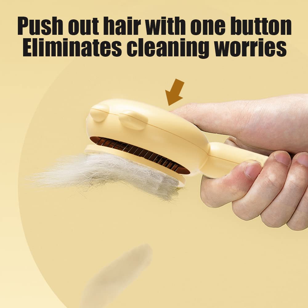 One-button hair release pushing collected fur off a self-cleaning dog brush