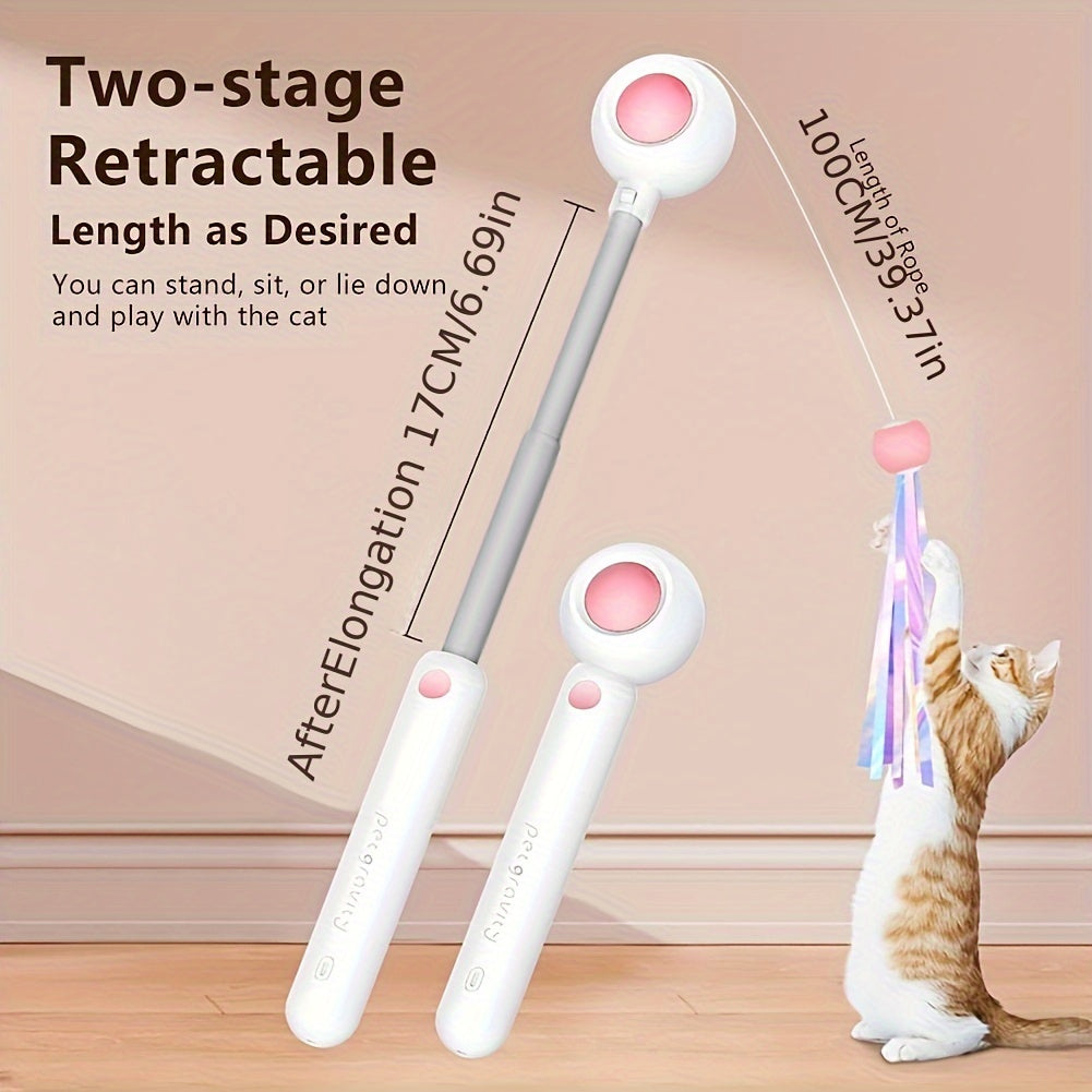 Two-stage retractable cat feather wand shown extended and collapsed