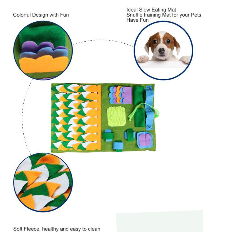 Snuffle feeding mat for dogs with close-ups of fabric flaps and hiding spots