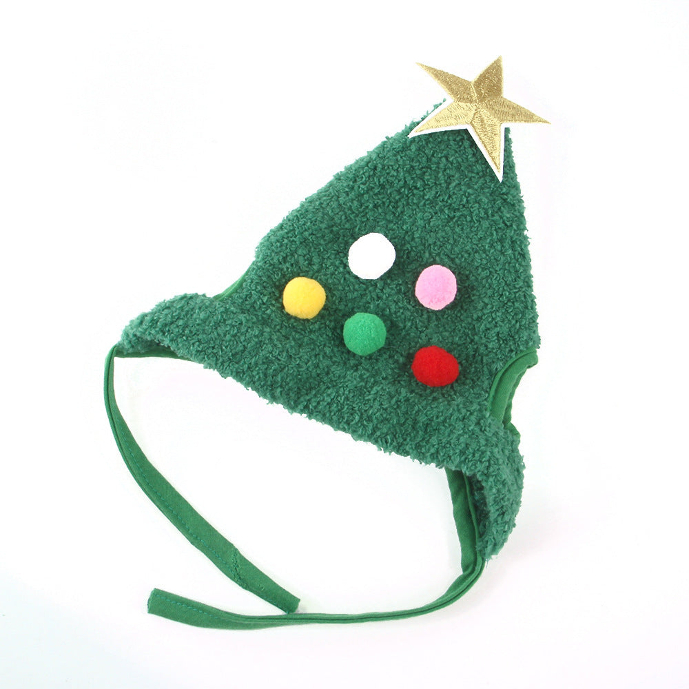 Green fuzzy Christmas tree pet hat with pompoms and gold star