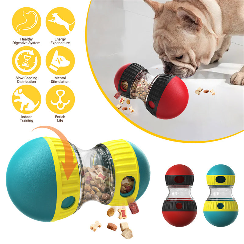 Dog playing with a teal wobble puzzle toy, plus icons of how it dispenses treats