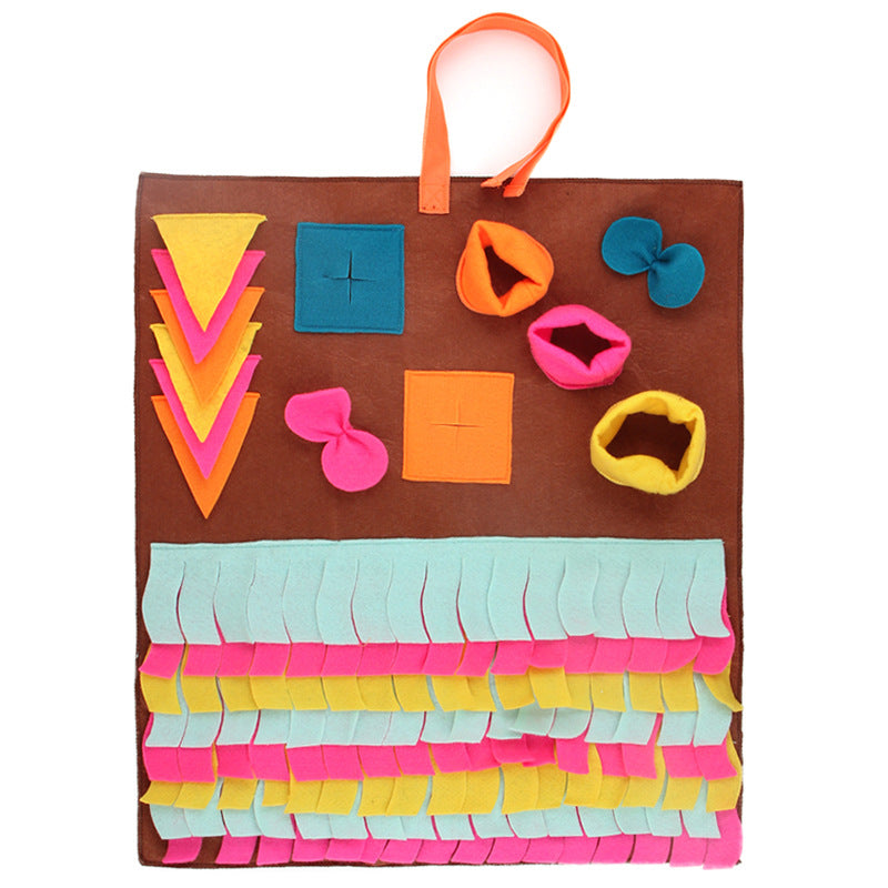 Colorful square nosework mat for dogs with fabric fringe and treat pockets