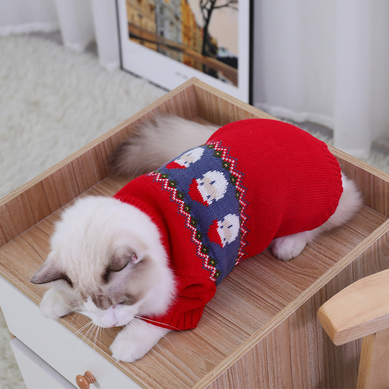 Cat lying down wearing a red jacquard Christmas sweater with Santa faces