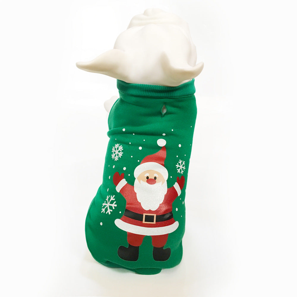 Waving Santa green pet sweatshirt shown on a dog mannequin
