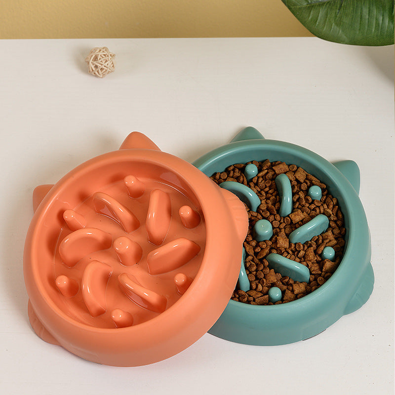Orange and teal slow feeder bowls for dogs and cats, one filled with dry food