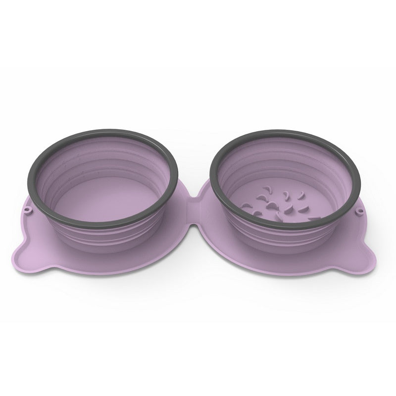 Purple double travel dog bowl in collapsible silicone, side view
