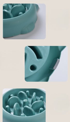Detail views of a teal anti-gulp slow feeder bowl showing its maze ridges