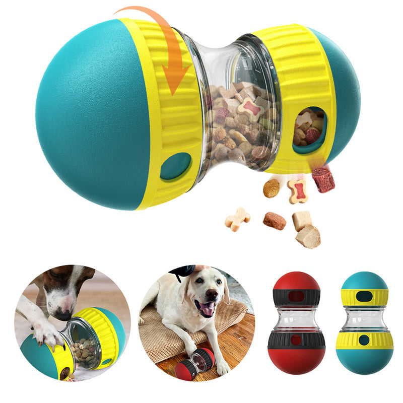 Teal and yellow treat dispensing dog toy with kibble, plus dogs playing with it