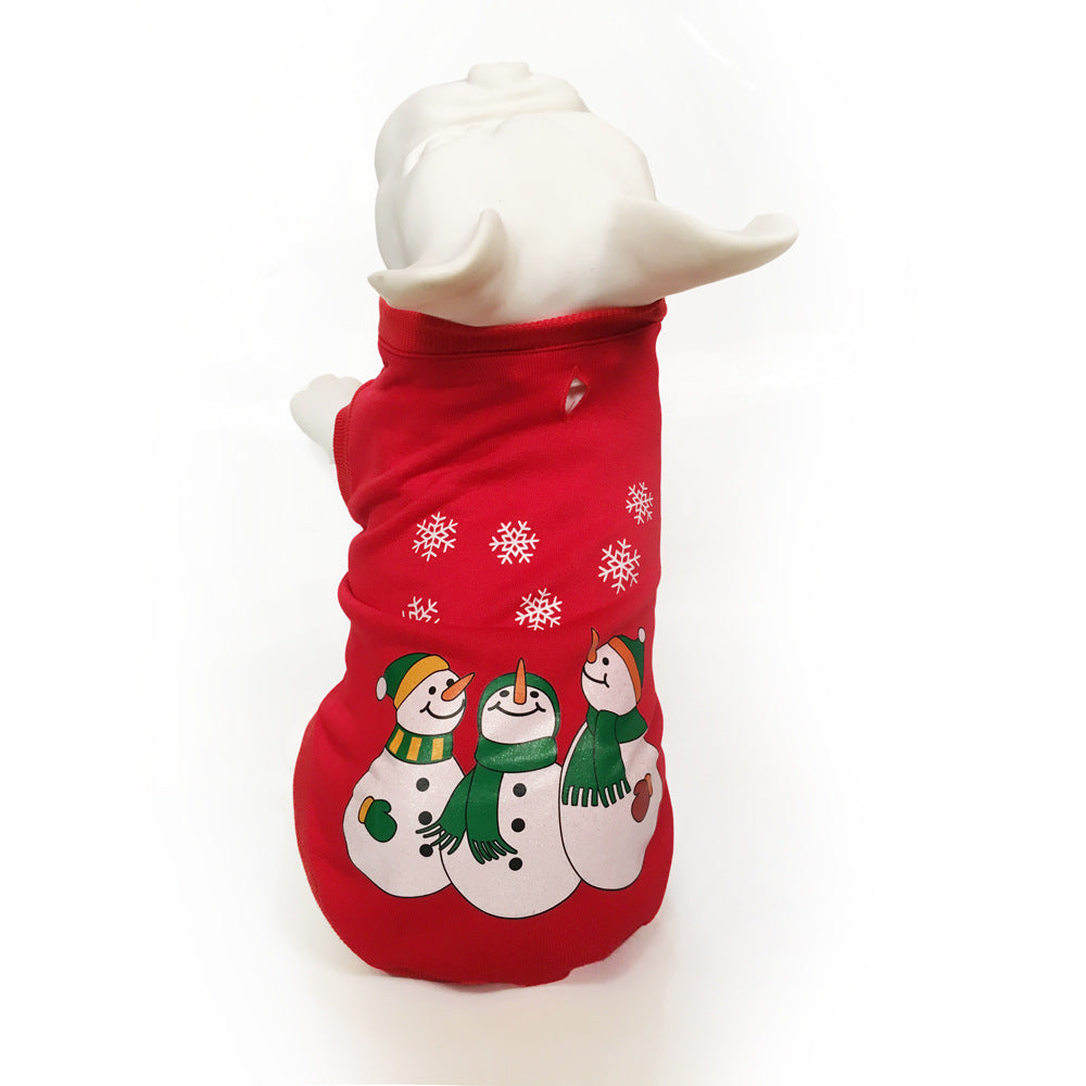 Red Three Snowmen pet sweatshirt shown on a dog mannequin