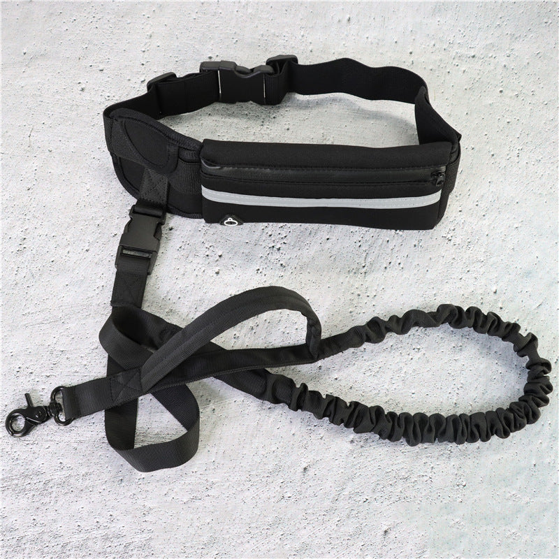 Black hands free dog leash belt with bungee leash and zip pocket, laid flat