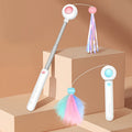 Retractable cat wand toy with feather heads, part of the cat starter kit