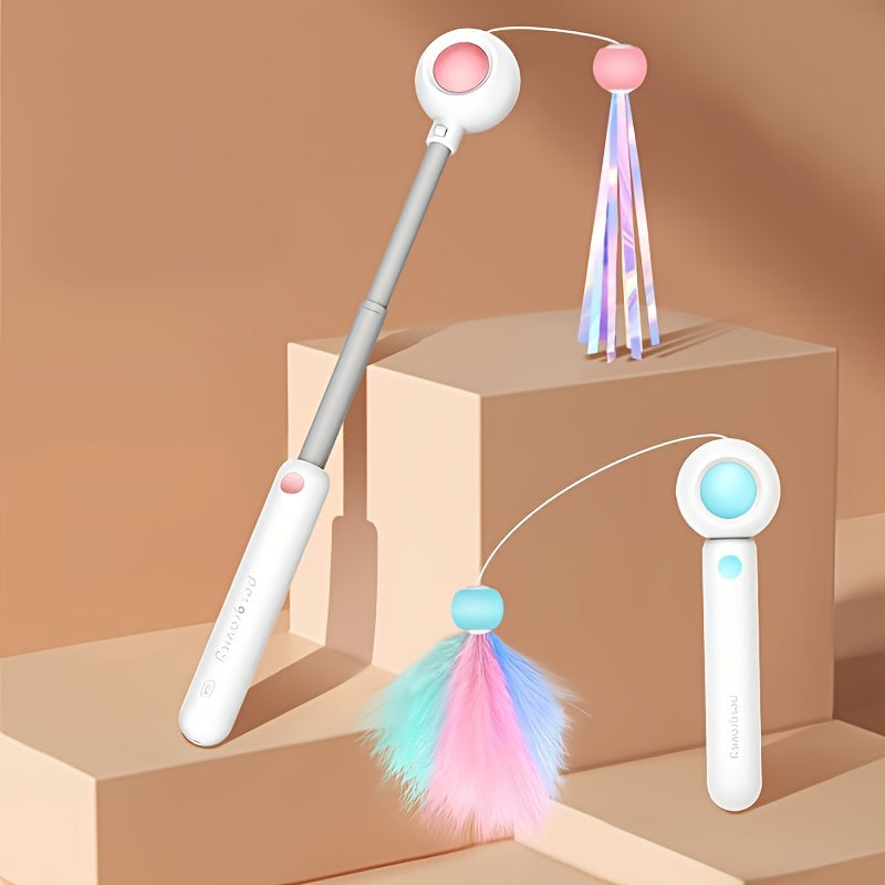 Retractable cat wand toy with feather heads, part of the cat starter kit