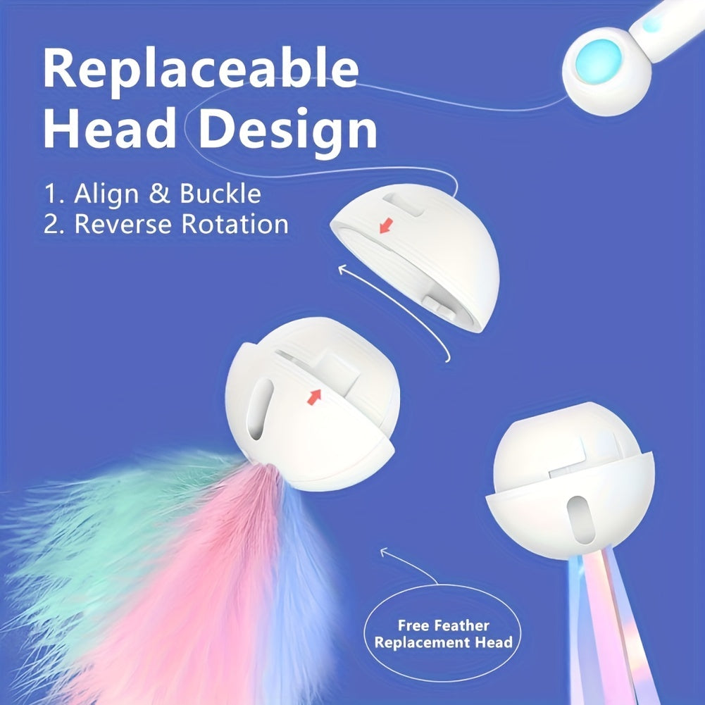Replaceable head on a cat teaser wand toy with fluffy feather attachment