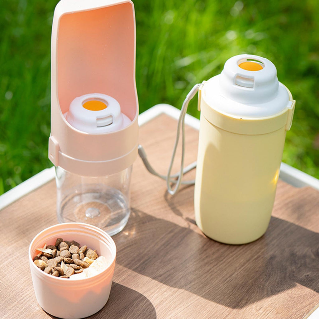 2-in-1 portable dog water bottle and feeder with lanyard, outdoor table view