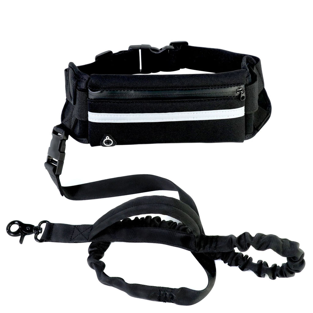 Black running waist leash for dogs with reflective strip and bungee lead