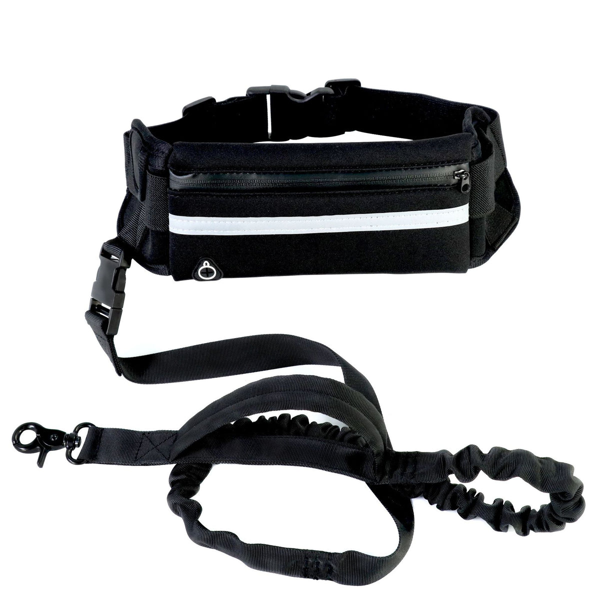 Black running waist leash for dogs with reflective strip and bungee lead