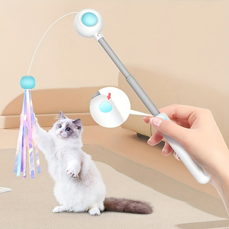 Cat leaping for the tassel on a retractable cat teaser wand held by its owner