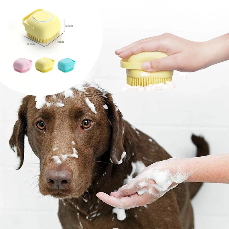 Dog getting a sudsy bath with a yellow shampoo dispenser brush, with color options