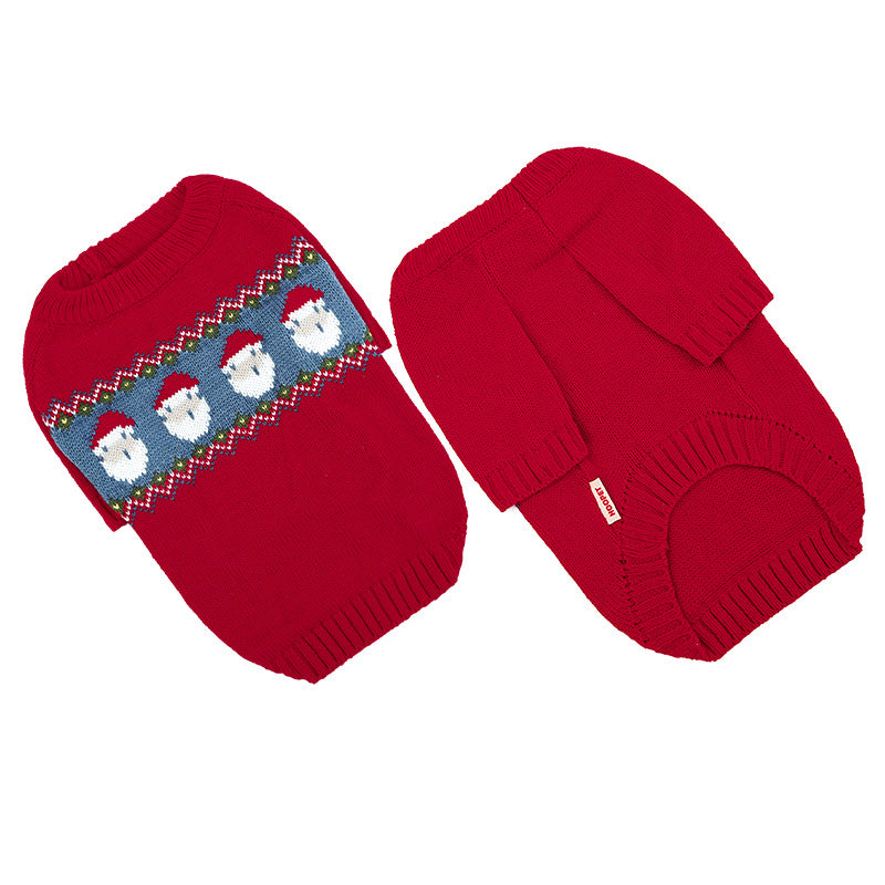 Front and back of the red jacquard Christmas pet sweater laid flat