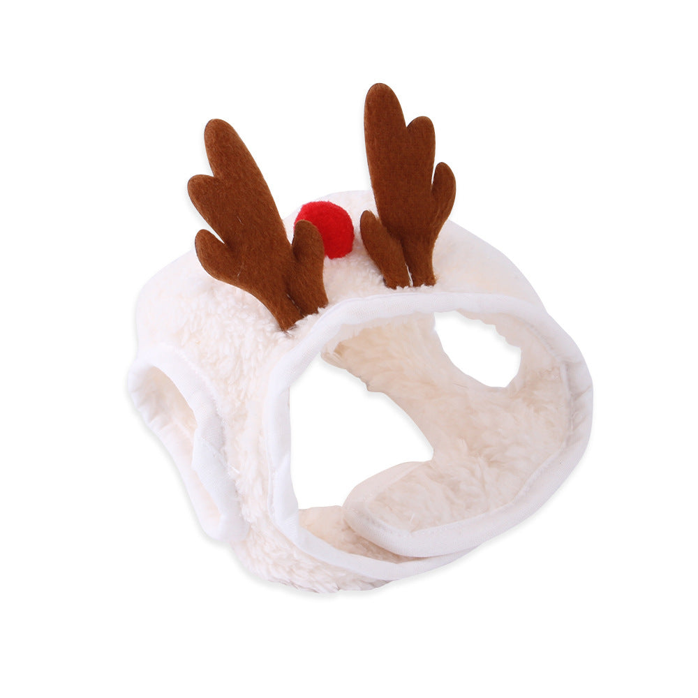White plush reindeer antler headband for pets with brown antlers and red pompom