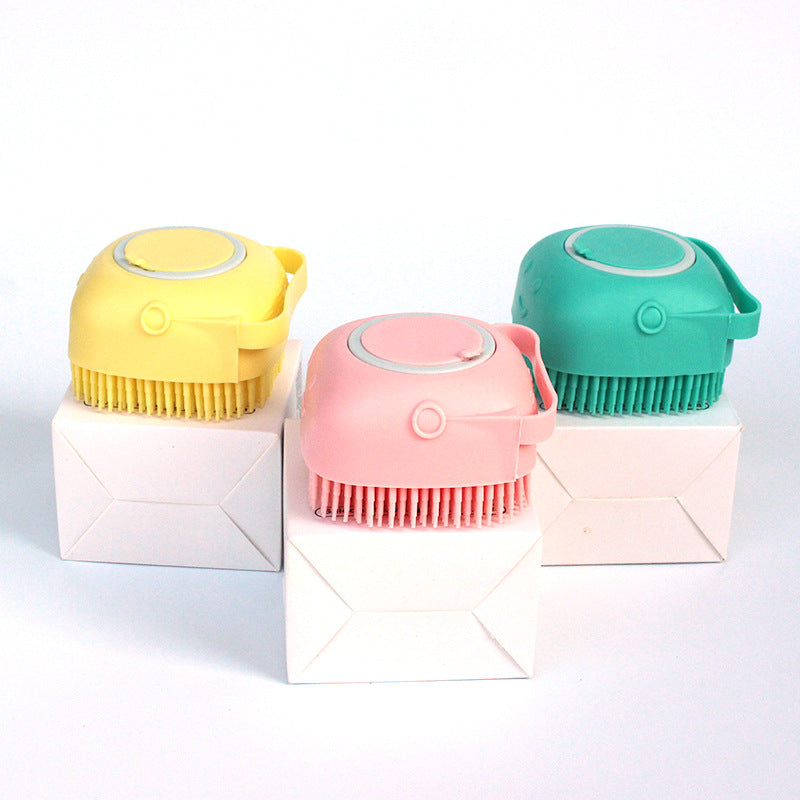 Silicone dog bath massage brushes in yellow, pink and mint heart-style shapes