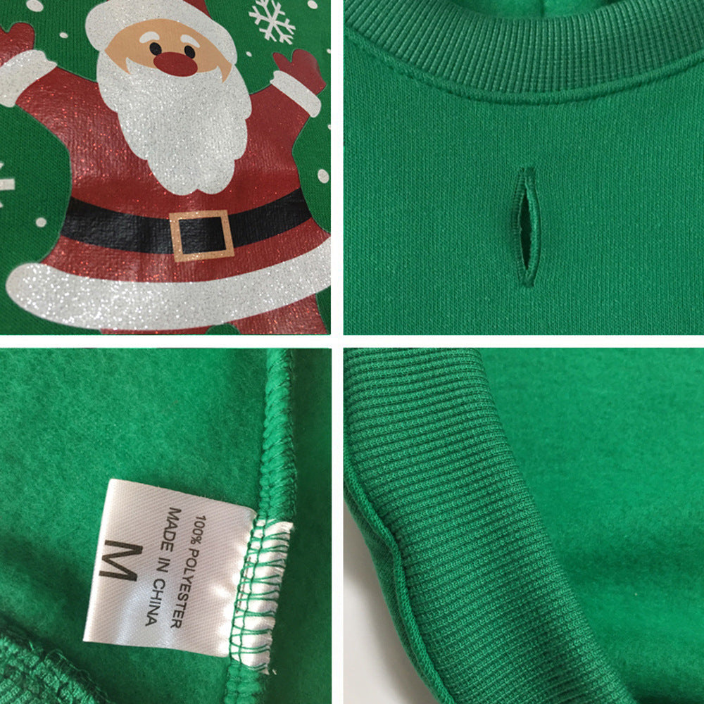 Close-ups of the Waving Santa pet sweatshirt showing print, ribbed collar, leash hole and 100% polyester label
