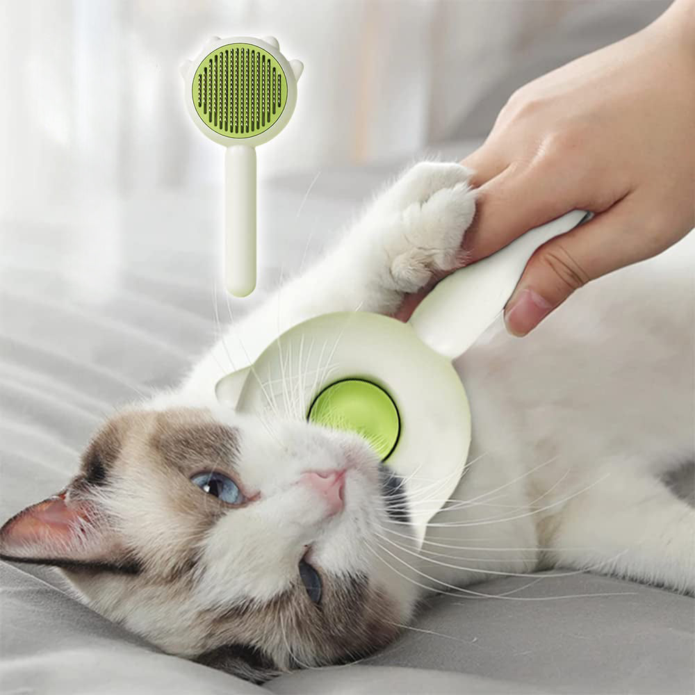 Green self-cleaning slicker brush with one-button fur release